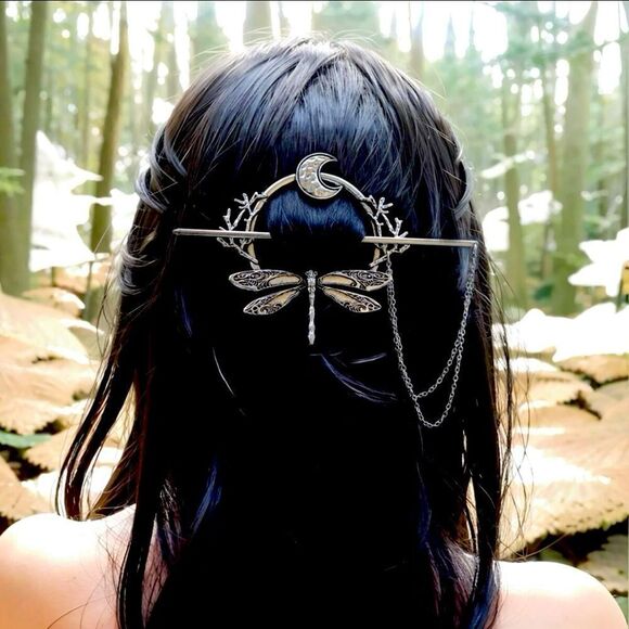 Fairy Core Dragon Fly Hair Accessory, with decorative chain, Moon, Silver - Picture 1 of 2